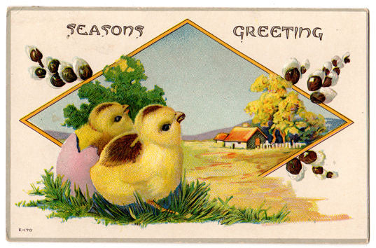 Vintage Embossed Easter Postcard Yellow Chicks Farm Scene - Avid Vintage