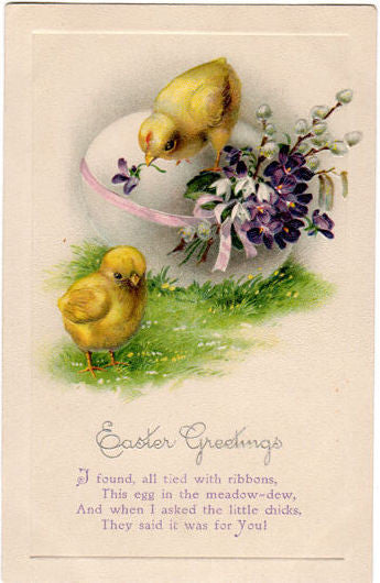Vintage Embossed Easter Greetings Postcard Yellow Chicks Purple Violets Easter Egg - Avid Vintage