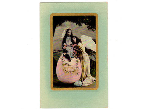 Antique Tinted Photo Easter Postcard Girl Angels on Pink Egg ECC Series 202 - Avid Vintage