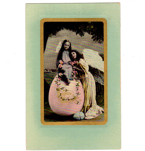 Antique Tinted Photo Easter Postcard Girl Angels on Pink Egg ECC Series 202 - Avid Vintage