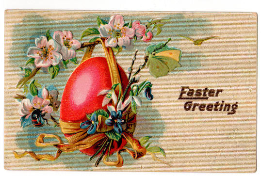 Vintage 1910s Red Easter Egg Embossed Postcard with Bumble Bees - Avid Vintage