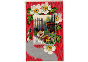 Vintage 1910s Easter Greetings Postcard Chicken with Chicks Red Background Rain Barrel - Avid Vintage