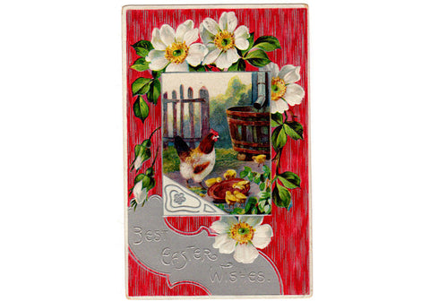 Vintage 1910s Easter Greetings Postcard Chicken with Chicks Red Background Rain Barrel - Avid Vintage