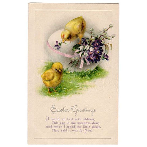 Vintage Embossed Easter Greetings Postcard Yellow Chicks Purple Violets Easter Egg - Avid Vintage