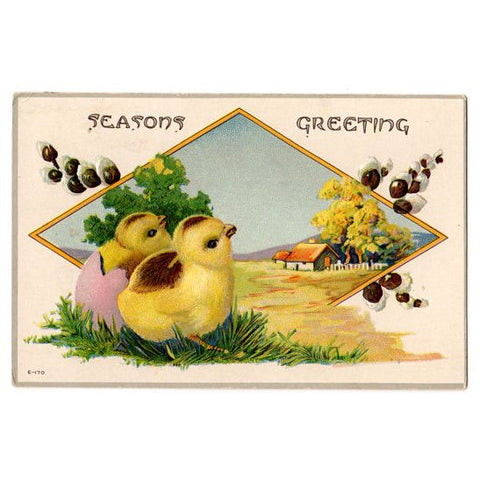 Vintage Embossed Easter Postcard Yellow Chicks Farm Scene - Avid Vintage
