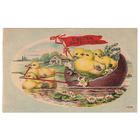 Easter Greetings Antique Postcard Anthropomorphic Chicks Pull Egg on Water - Avid Vintage