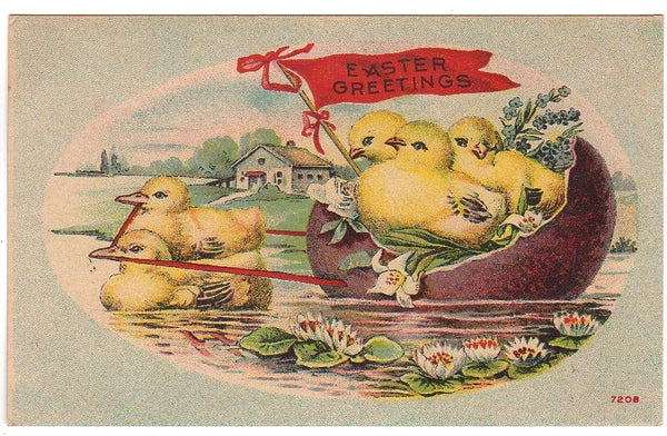 Easter Greetings Antique Postcard Anthropomorphic Chicks Pull Egg on Water - Avid Vintage