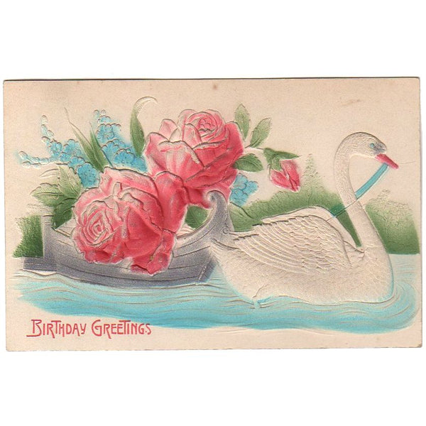 Embossed Antique Birthday Greetings Postcard Swan Pulling Rose Filled Boat - Avid Vintage