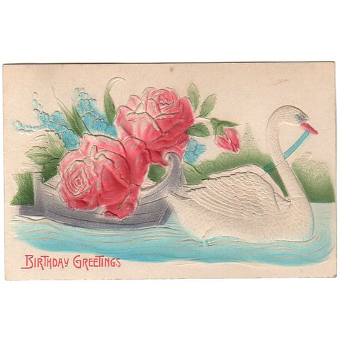 Embossed Antique Birthday Greetings Postcard Swan Pulling Rose Filled Boat - Avid Vintage