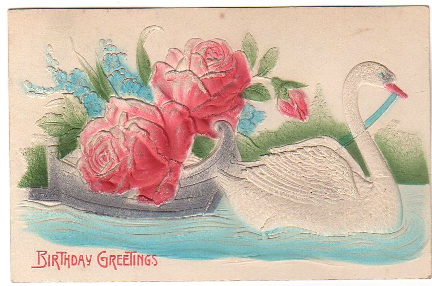 Carte Postale Vintage Birthday Greetings – Grand Relief, Rose, Gaufrée