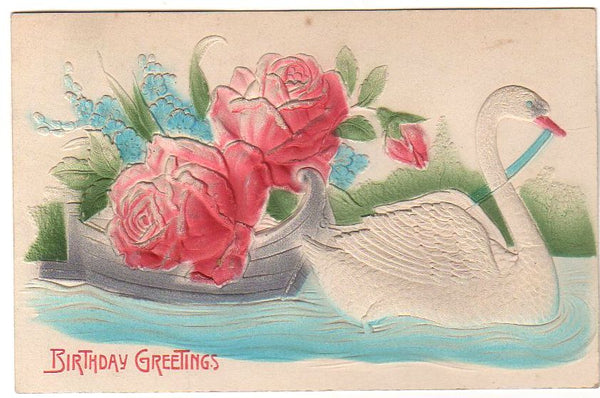 Embossed Antique Birthday Greetings Postcard Swan Pulling Rose Filled Boat - Avid Vintage