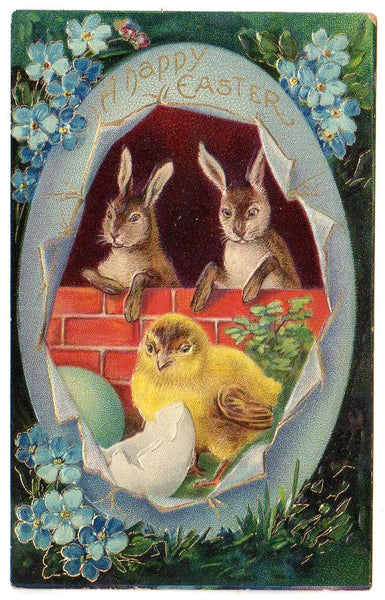 Embossed Antique Easter Postcard Bunnies and Chick Broken Egg Brick Wall - Avid Vintage
