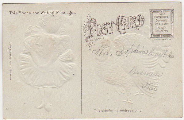 Embossed Antique Thanksgiving Post Card Girl in Frilly White Dress Turkey - Avid Vintage