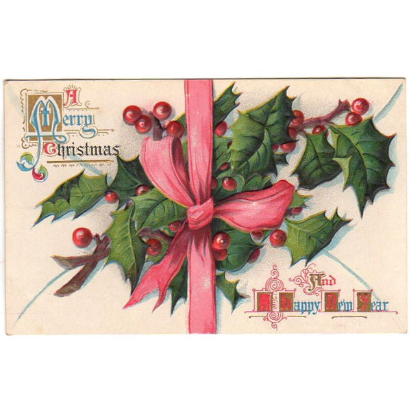 Envelope Sealed with Holly and Pink Ribbon Vintage Embossed Christmas Postcard - Avid Vintage