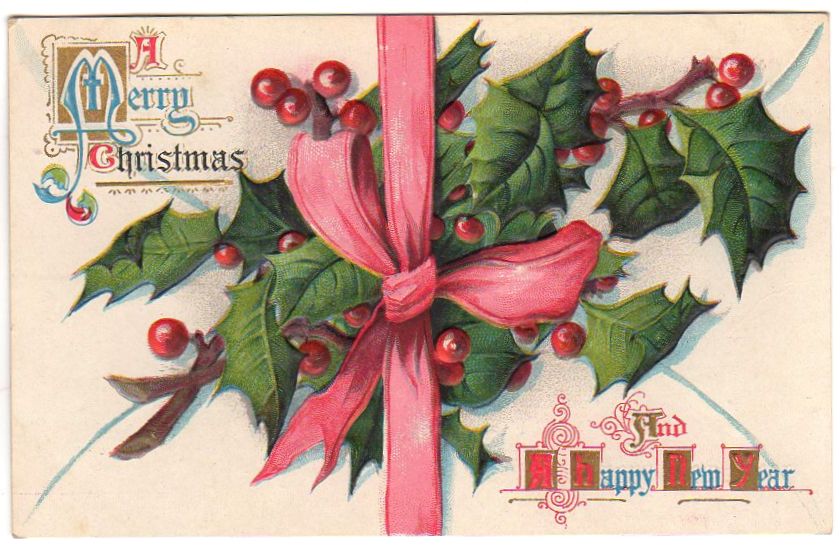 Envelope Sealed with Holly and Pink Ribbon Vintage Embossed Christmas Postcard - Avid Vintage