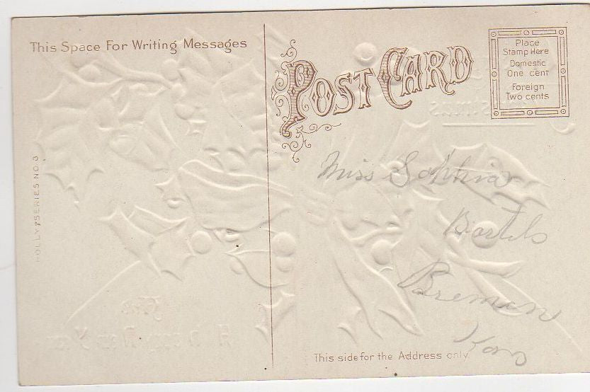 Envelope Sealed with Holly and Pink Ribbon Vintage Embossed Christmas Postcard - Avid Vintage
