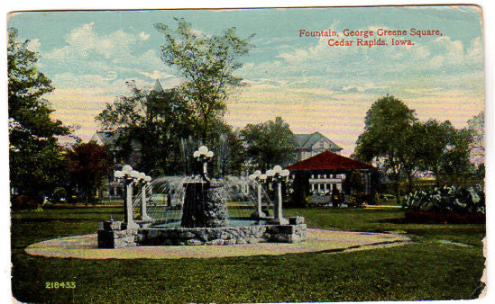 Vintge Cedar Rapids Iowa Postcard 1910s Fountain George Greene Square Town View - Avid Vintage