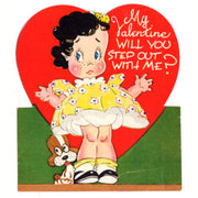 Vintage 1950s Kids Valentine Greeting Card Girl in Yellow Dress and Hair Bow with Puppy Dog - Avid Vintage
