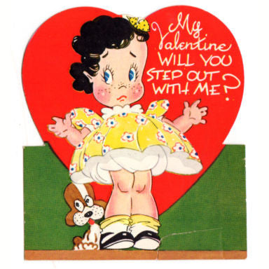 Vintage 1950s Kids Valentine Greeting Card Girl in Yellow Dress and Hair Bow with Puppy Dog - Avid Vintage