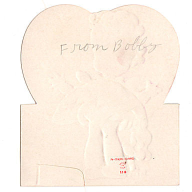 Vintage 1950s Kids Valentine Greeting Card Girl in Yellow Dress and Hair Bow with Puppy Dog - Avid Vintage