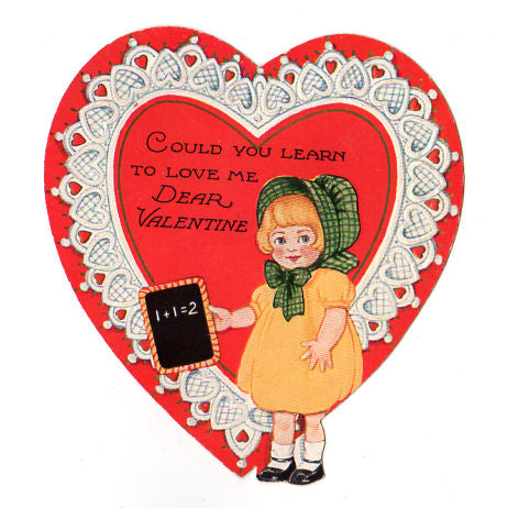 Girl Holding Framed Chalkboard Vintage 1930s Die Cut Heart Shaped Valentine Card - Avid Vintage