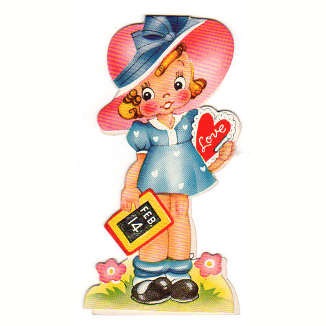 Vintage 1940s Girl in Large Pink Hat Valentine's Day Card Heart Blue Dress - Avid Vintage