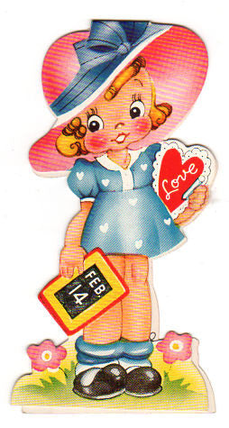 Vintage 1940s Girl in Large Pink Hat Valentine's Day Card Heart Blue Dress - Avid Vintage
