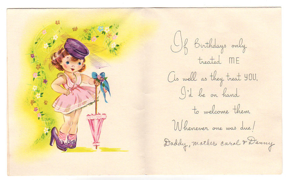 Girl with Parasol Vintage 1950s Birthday Greeting Card Used Artistic Card - Avid Vintage