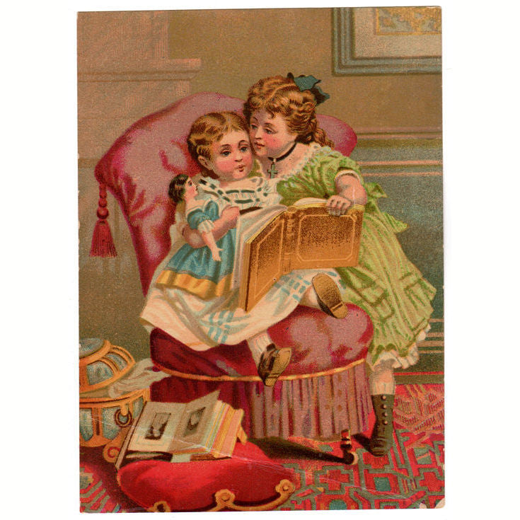 Antique 1880s Victorian Lithograph Girls looking at Book Doll Photo Album - Avid Vintage