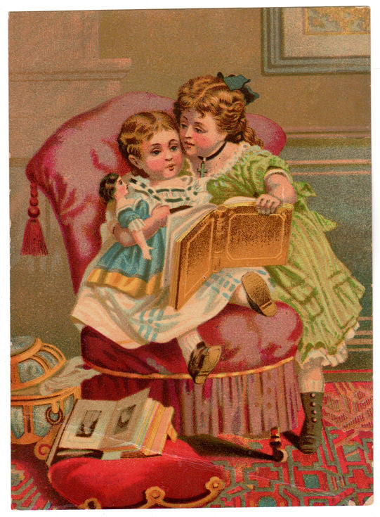 Antique 1880s Victorian Lithograph Girls looking at Book Doll Photo Album - Avid Vintage