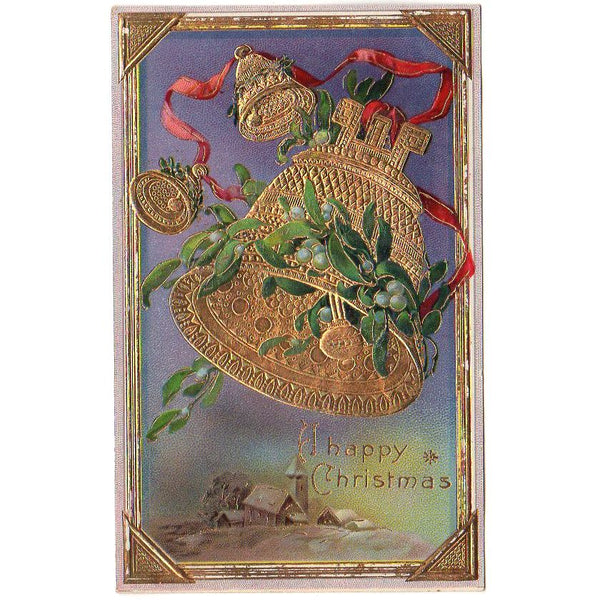 Gold Bell Snowy Farm Scene Vintage Samson Brothers Christmas Postcard - Avid Vintage