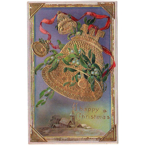 Gold Bell Snowy Farm Scene Vintage Samson Brothers Christmas Postcard - Avid Vintage