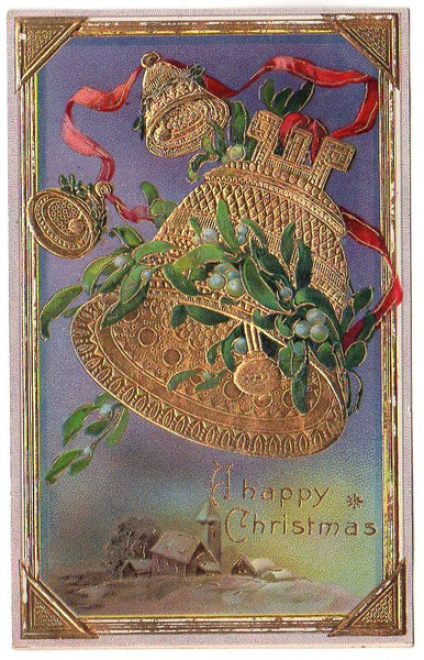 Gold Bell Snowy Farm Scene Vintage Samson Brothers Christmas Postcard - Avid Vintage