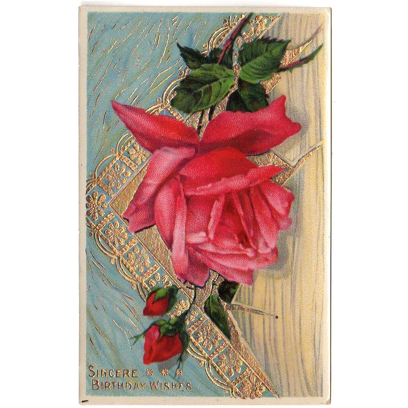 Gold Foil Envelope Sealed With A Pink Rose Antique Birthday Wishes Postcard - Avid Vintage