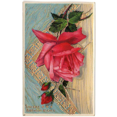 Gold Foil Envelope Sealed With A Pink Rose Antique Birthday Wishes Postcard - Avid Vintage