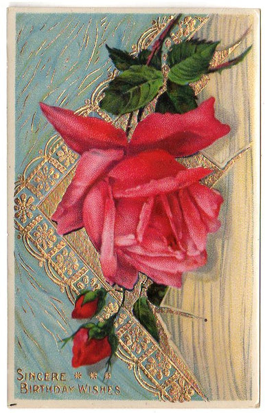 Gold Foil Envelope Sealed With A Pink Rose Antique Birthday Wishes Postcard - Avid Vintage