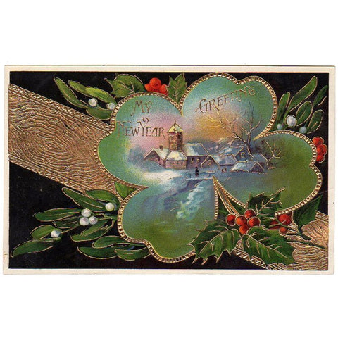 Gold Foil on Black Antique New Year Postcard Winter Town Scene Four Leaf Clover Unused - Avid Vintage