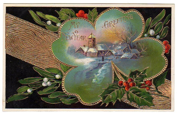 Gold Foil on Black Antique New Year Postcard Winter Town Scene Four Leaf Clover Unused - Avid Vintage