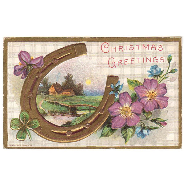 Gold Horseshoe Shamrocks House Scene Vintage 1910s Embossed Christmas Postcard - Avid Vintage