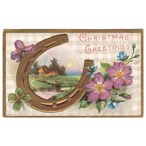 Gold Horseshoe Shamrocks House Scene Vintage 1910s Embossed Christmas Postcard - Avid Vintage