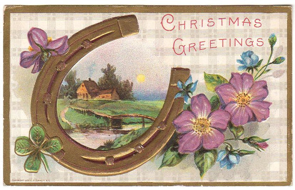 Gold Horseshoe Shamrocks House Scene Vintage 1910s Embossed Christmas Postcard - Avid Vintage