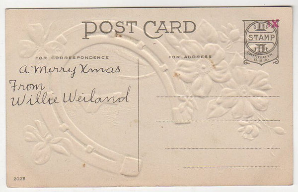 Gold Horseshoe Shamrocks House Scene Vintage 1910s Embossed Christmas Postcard - Avid Vintage
