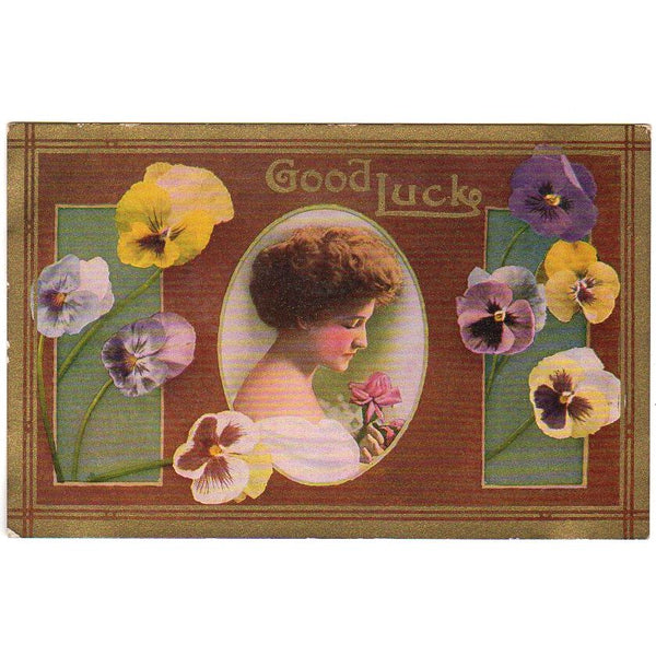 Good Luck Old Antique Postcard Beautiful Woman Pansies Flowers - Avid Vintage