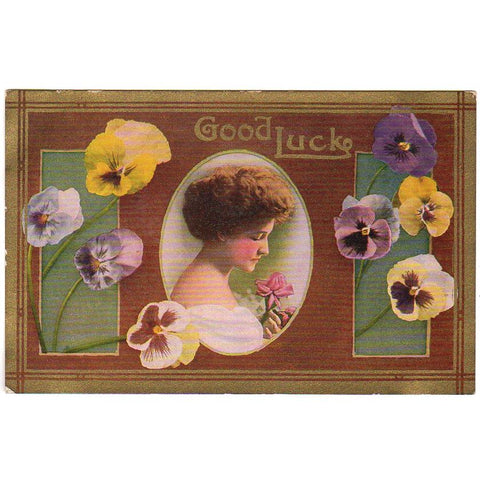 Good Luck Old Antique Postcard Beautiful Woman Pansies Flowers - Avid Vintage