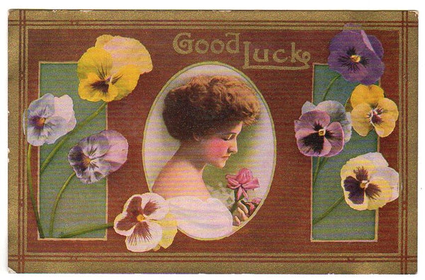 Good Luck Old Antique Postcard Beautiful Woman Pansies Flowers - Avid Vintage