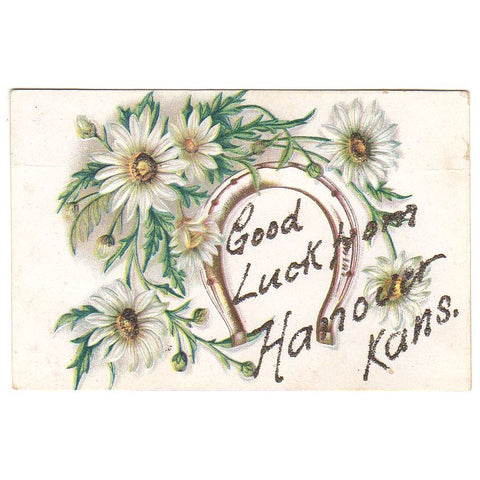 Good Luck from Hanover Kansas Vintage Embossed Postcard Horseshoe Flowers - Avid Vintage