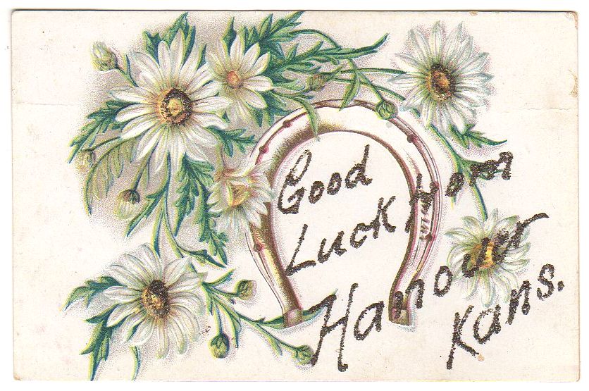 Good Luck from Hanover Kansas Vintage Embossed Postcard Horseshoe Flowers - Avid Vintage
