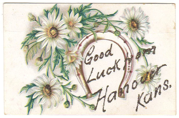 Good Luck from Hanover Kansas Vintage Embossed Postcard Horseshoe Flowers - Avid Vintage