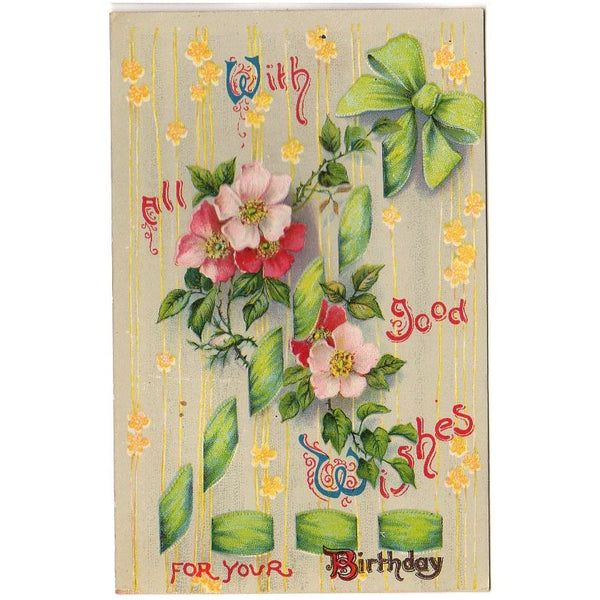 Good Wishes for Your Birthday Antique Postcard Green Ribbon Samson Brothers - Avid Vintage