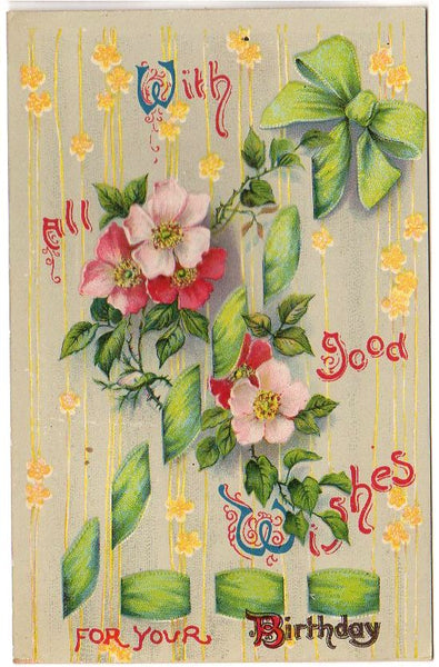 Good Wishes for Your Birthday Antique Postcard Green Ribbon Samson Brothers - Avid Vintage